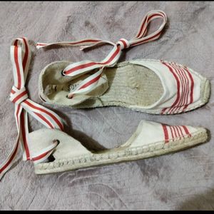 Soludos | Red & Tan Canvas Tie Up Espadrille Jute Sandals Womens Size 7